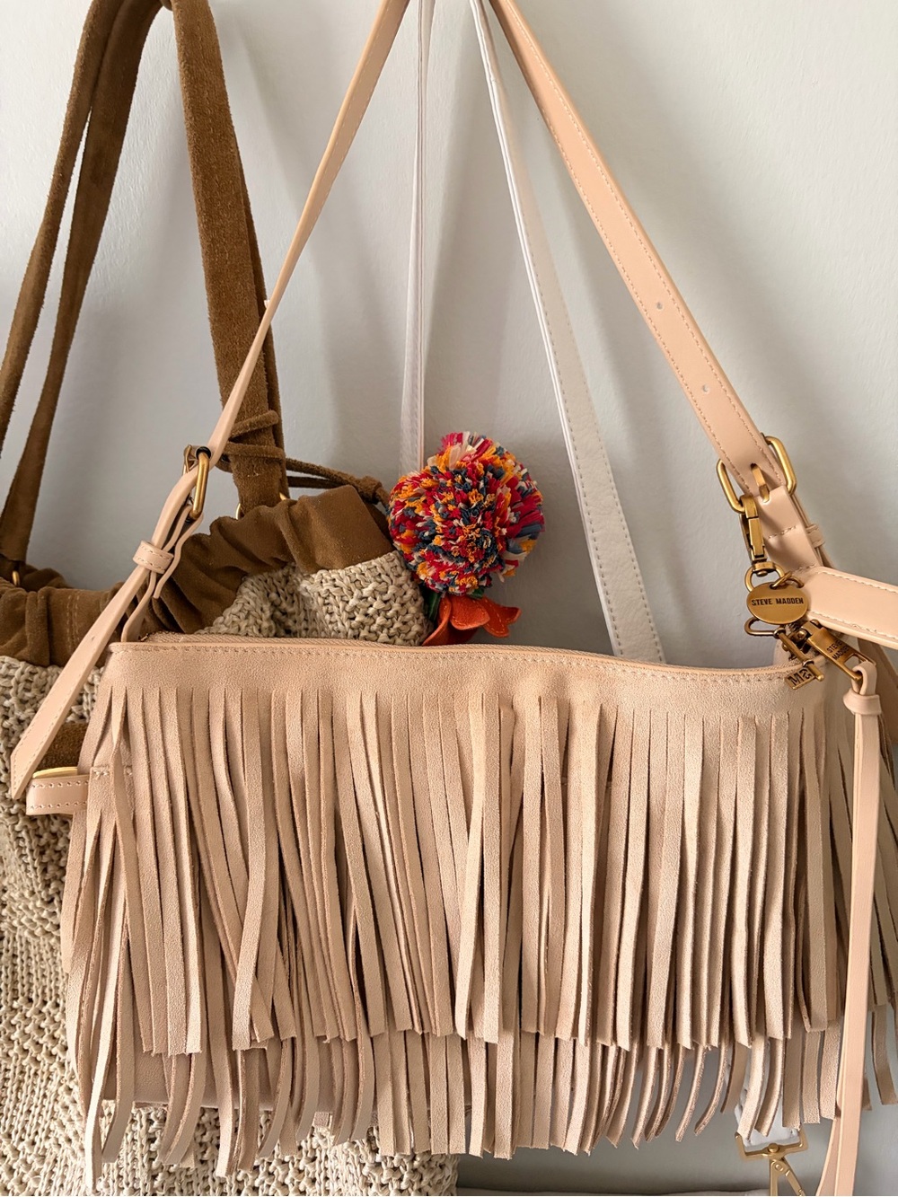 Steve Madden Nude Fringe Crossbody Bag with Gold Hardware